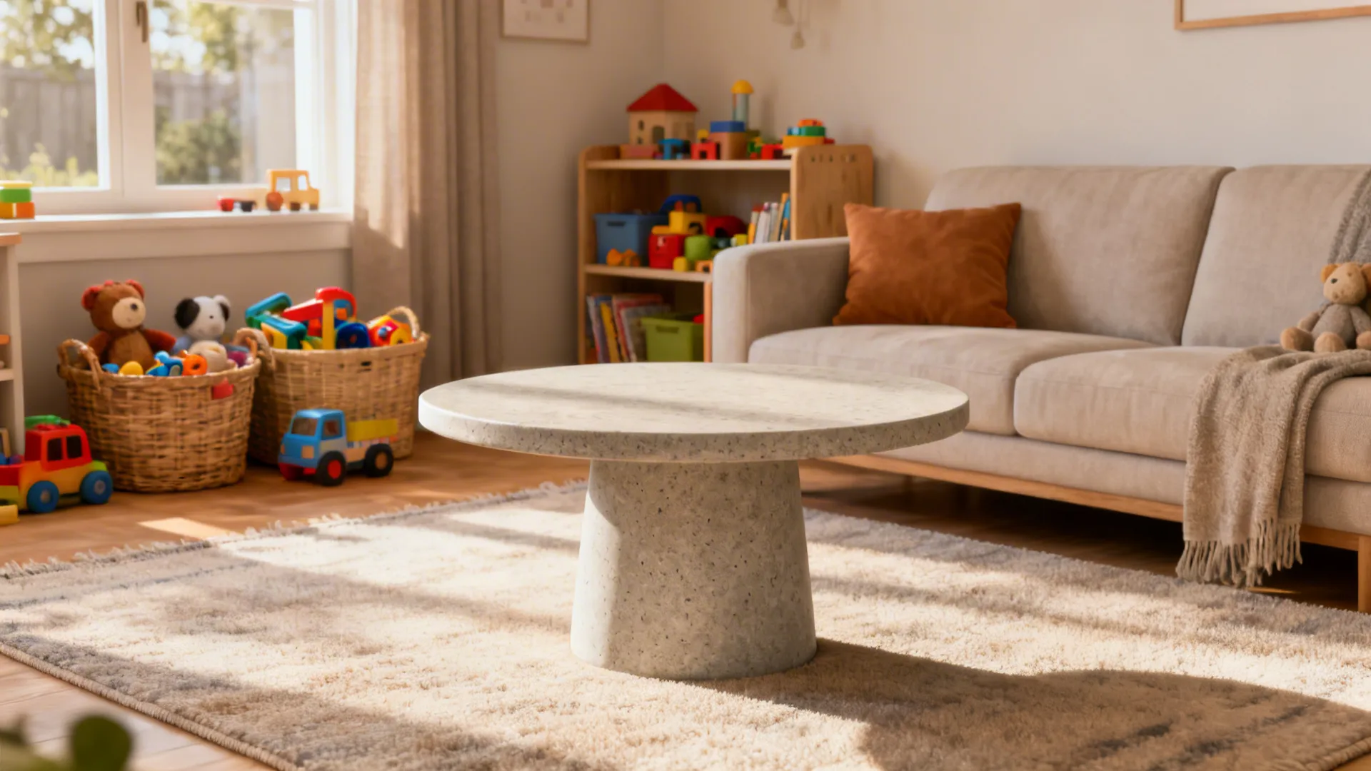 Family living room with a medium-height round stone center table that softens traffic paths and improves safety