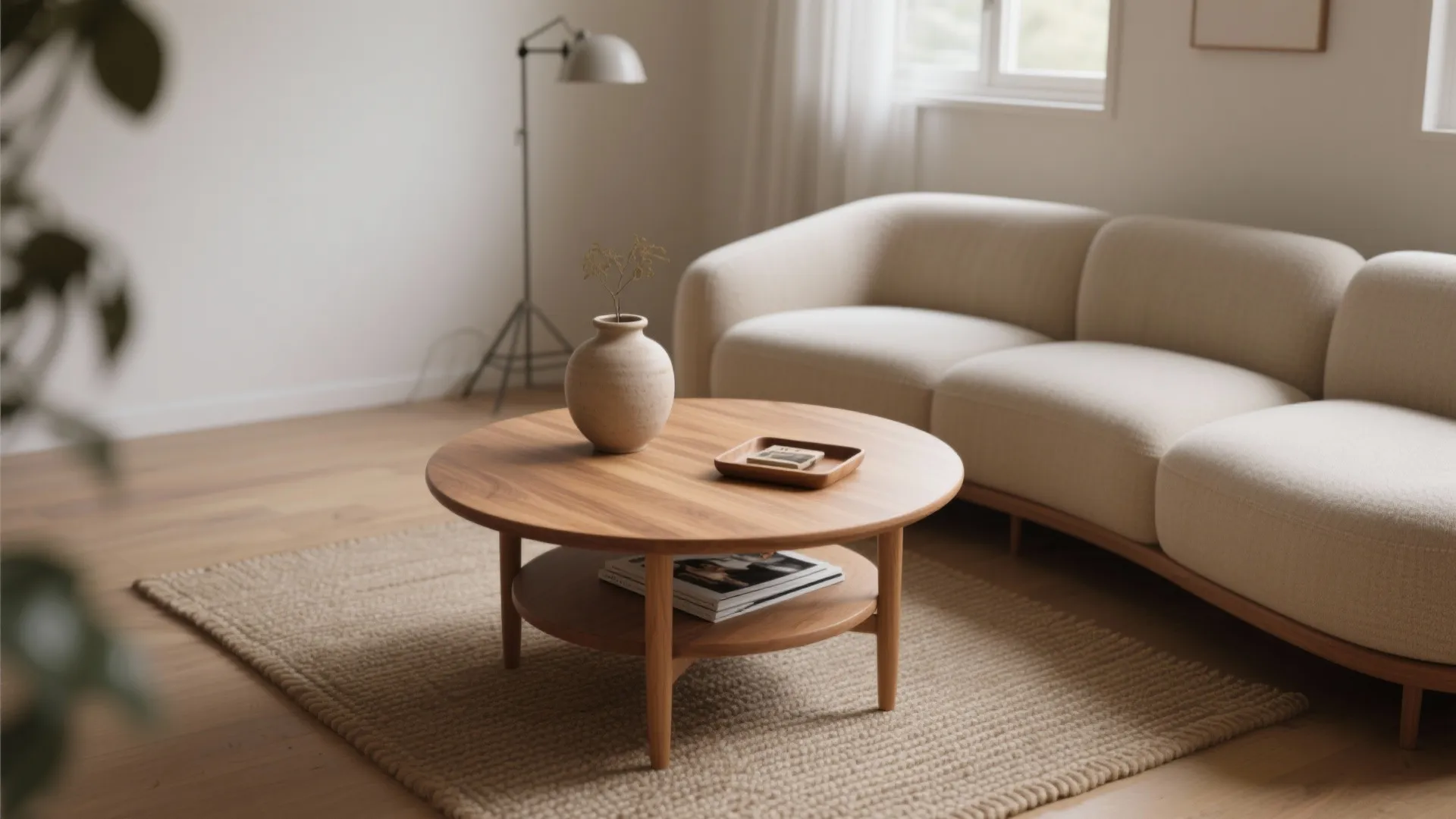 Round wooden coffee table with a small vase on a rug in a bright room