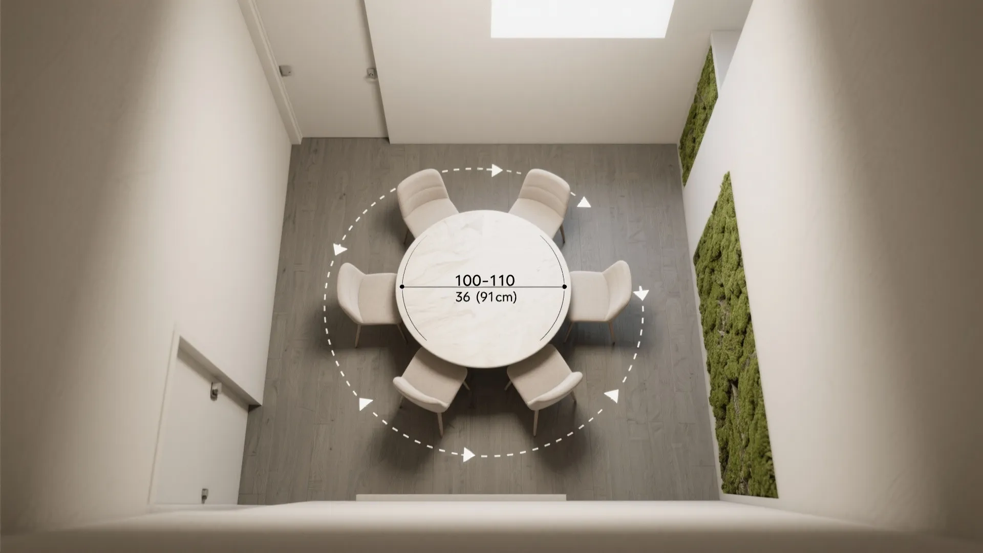 Top-down layout showing 91 cm clearances around a round dining table in a narrow room.