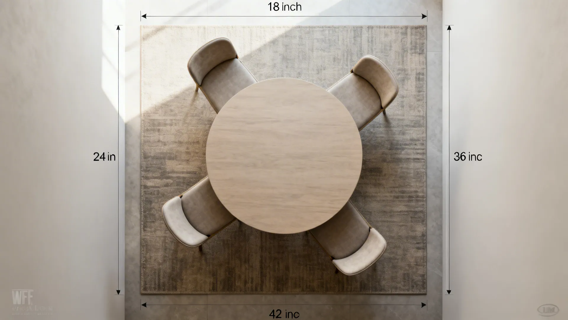 Top-down view of a 42 inch round table with rug reveal and clearances for four chairs.