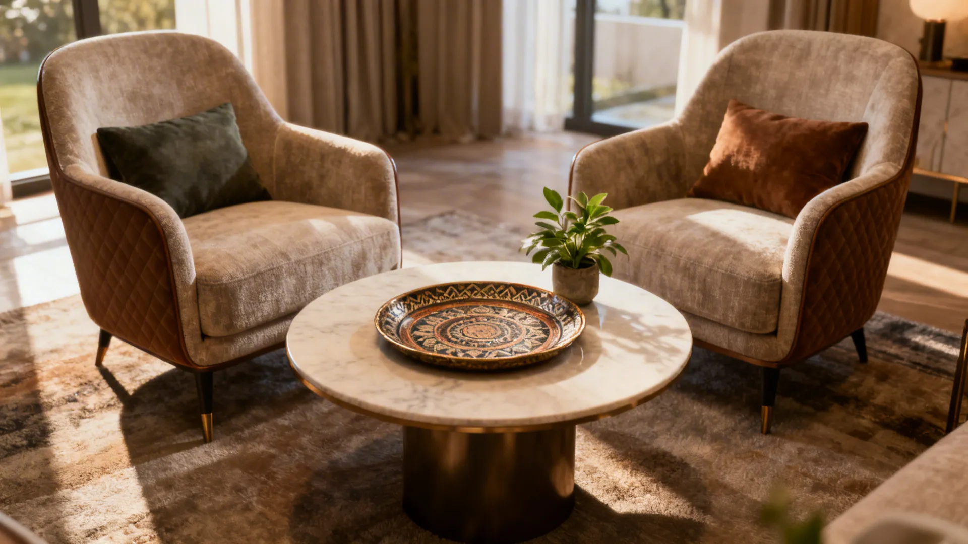 Two chairs arranged around a small round cocktail table with a tray and plant