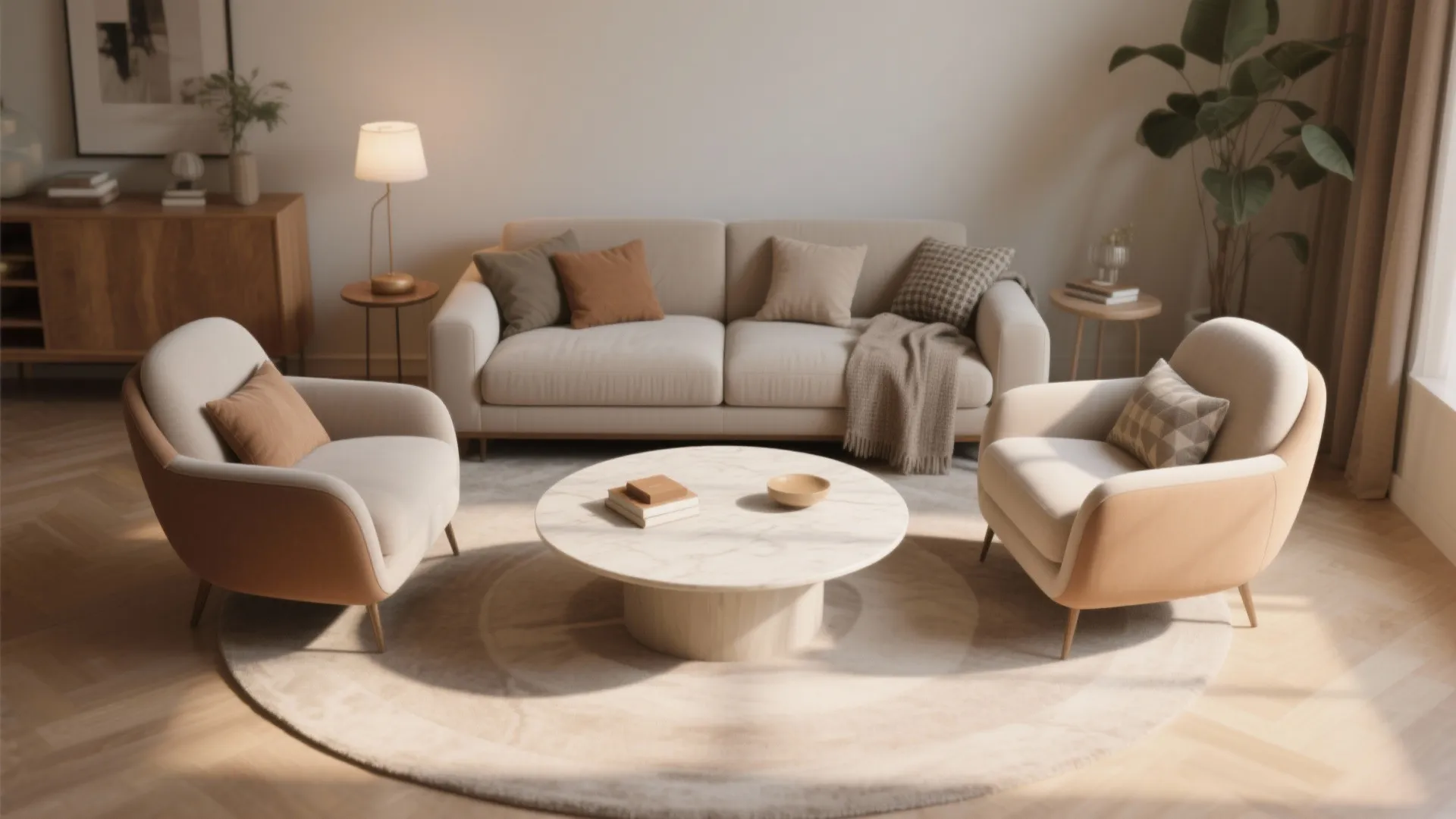 3. Small Sofa + Two Armchairs + Round Coffee Table