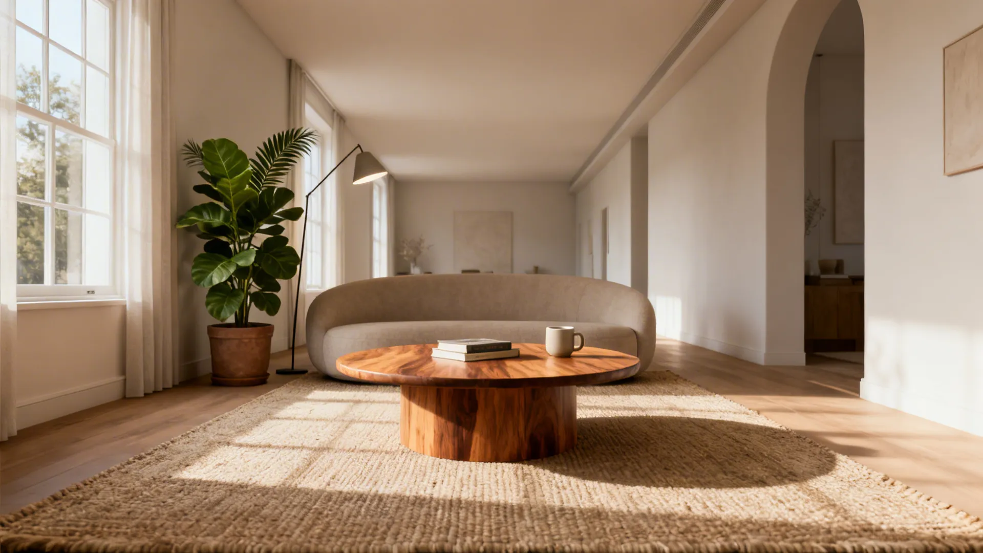 Bright living room with round wood coffee table on rug and sofa with black floor lamp