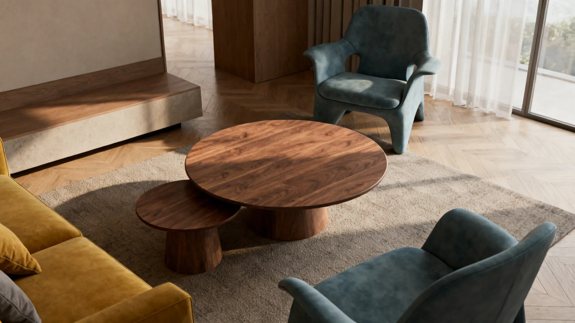 Small living room circulation around a 90 cm round walnut coffee table with nested tables