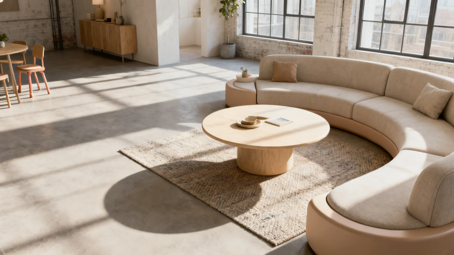 Light-material round coffee table in a loft living room with curved sofa and clear circulation