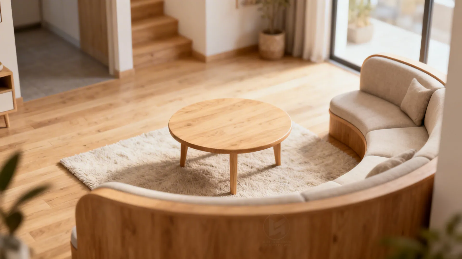 Low round wooden coffee table improving flow in a small seating area with curved sofa and soft rug