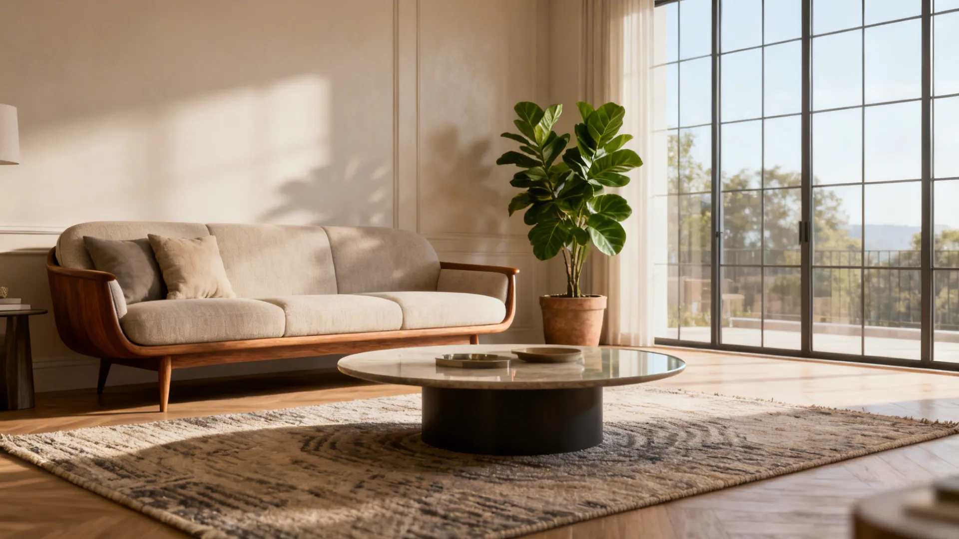 Modern living room with beige sofa, round stone coffee table, green plant, and natural light