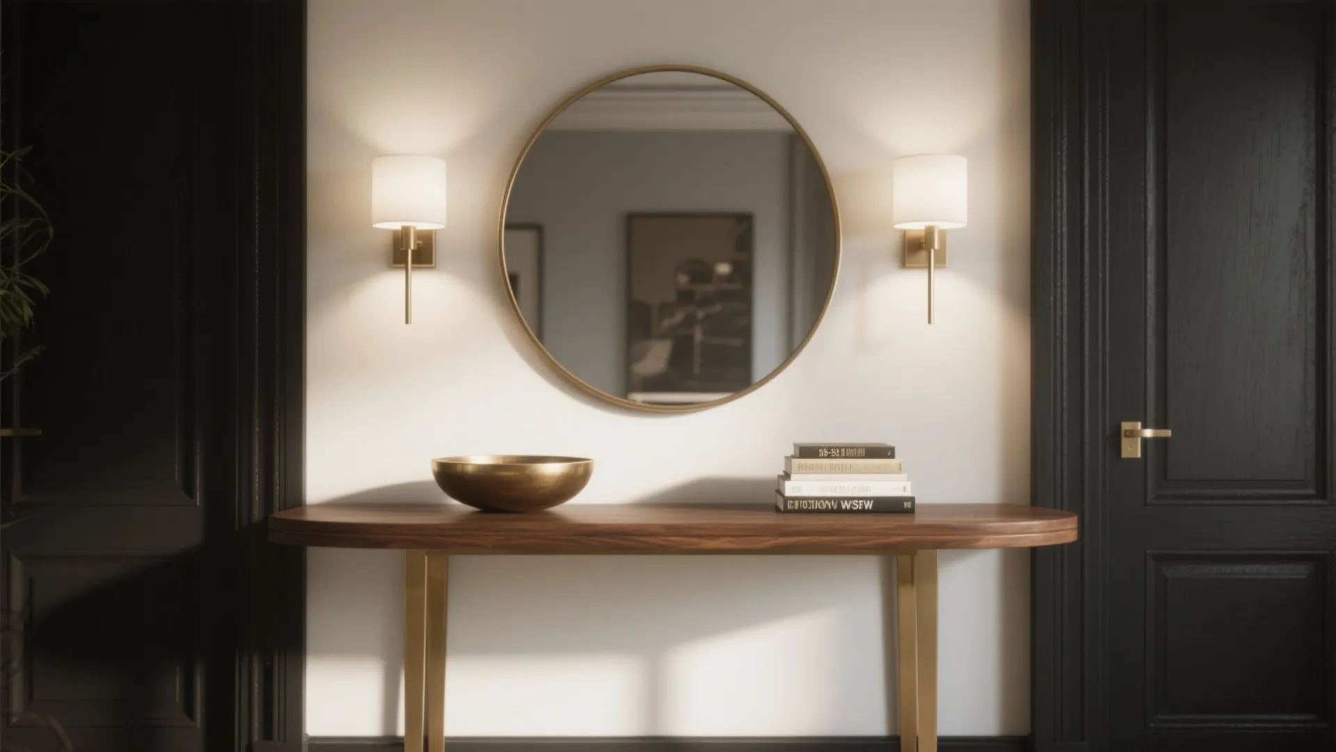 Round Mirror Over a Console or Fireplace, Layered with Sconces
