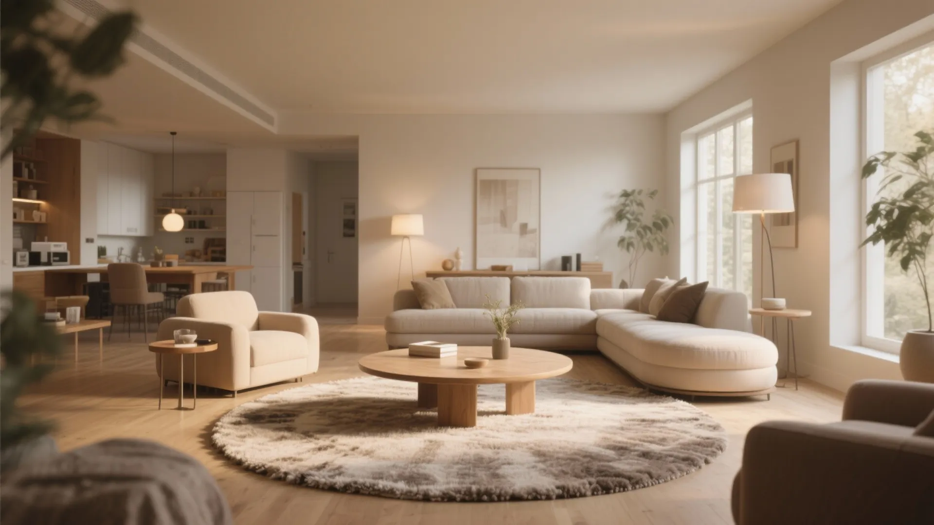 Warm open living space with round textured rug wooden coffee table cream sofa and floor lamp