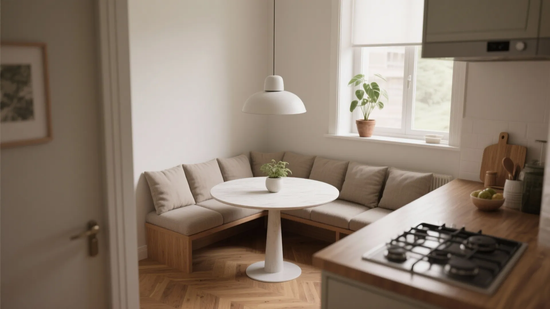 5. Compact round table + corner bench