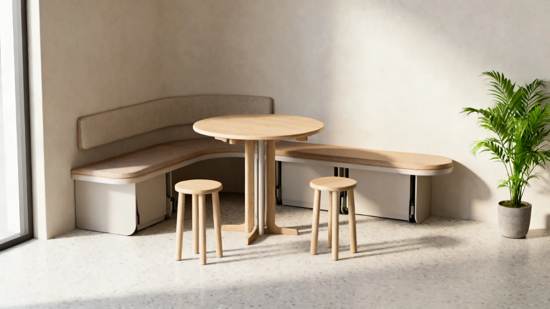 Small round drop-leaf table in a corner with a bench and tuck-away stools