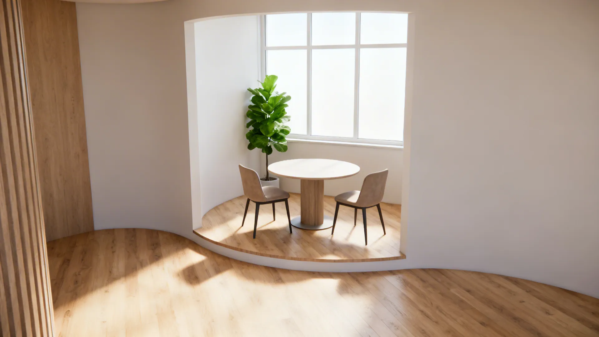 Round dining table in a small corner niche under a window with plants