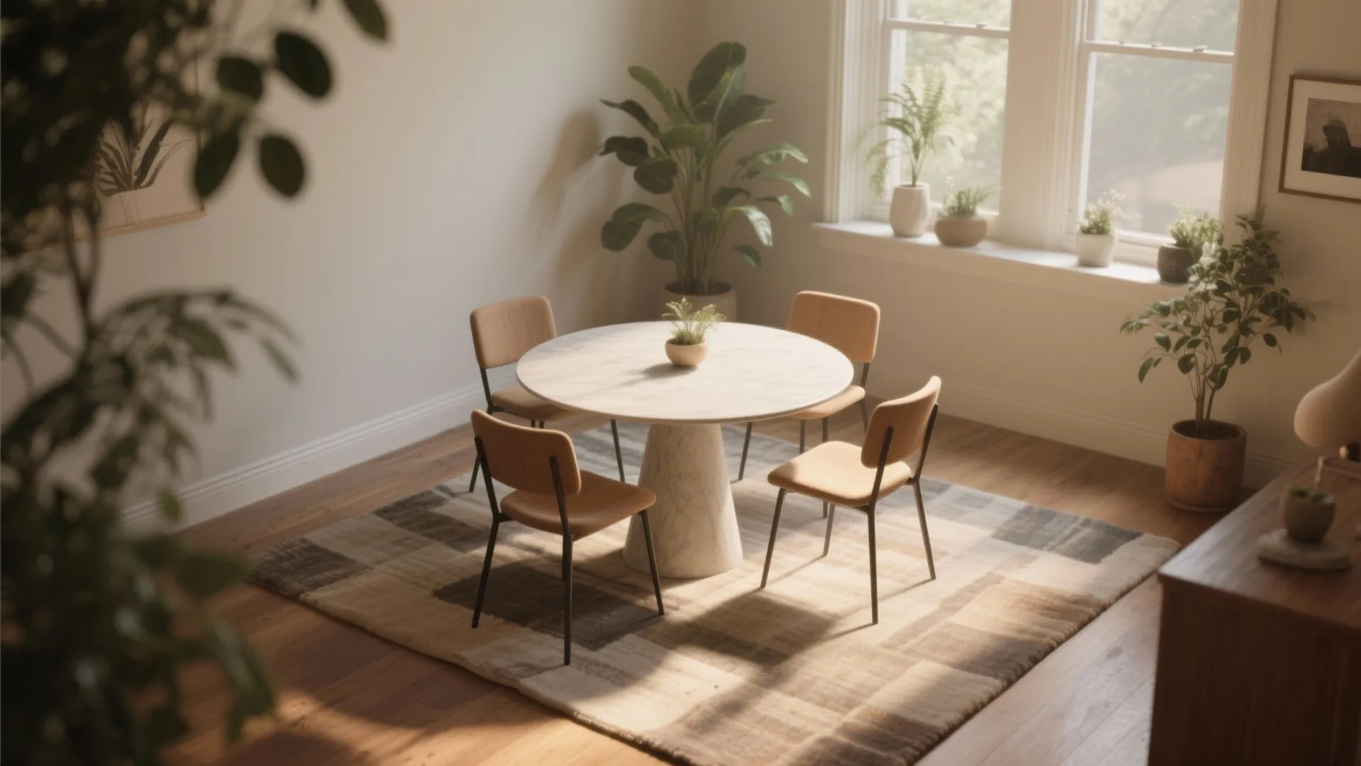 Modern dining area with round white table four wooden chairs checkered rug and green plants