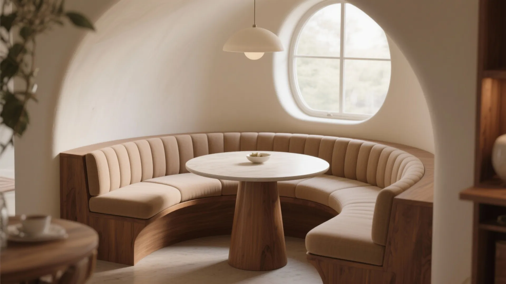 Minimalist breakfast nook featuring curved sofa round table white ceiling light and a circular window