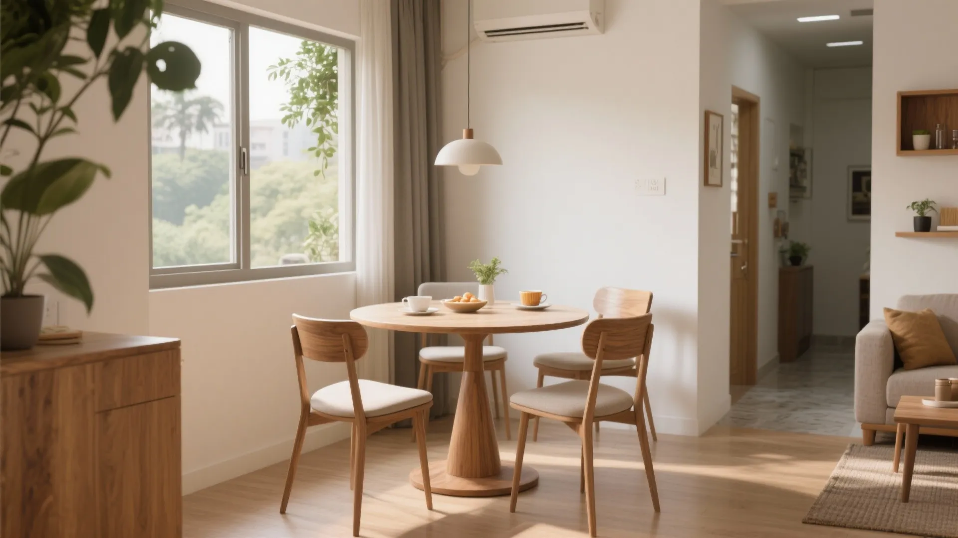 Round dining table near the window for circulation