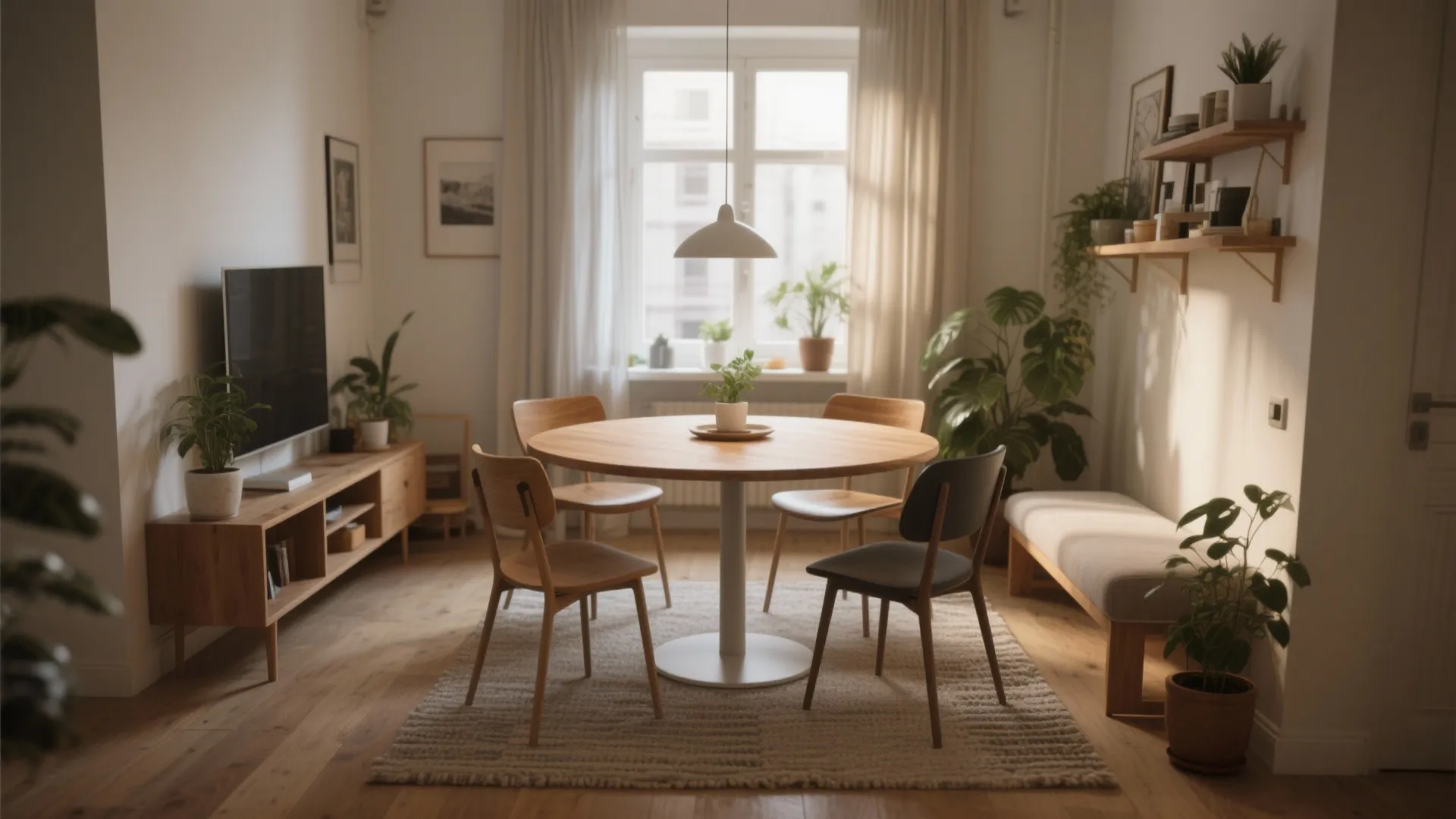Modern cozy dining area with round wooden table four chairs white ceiling light and green plants