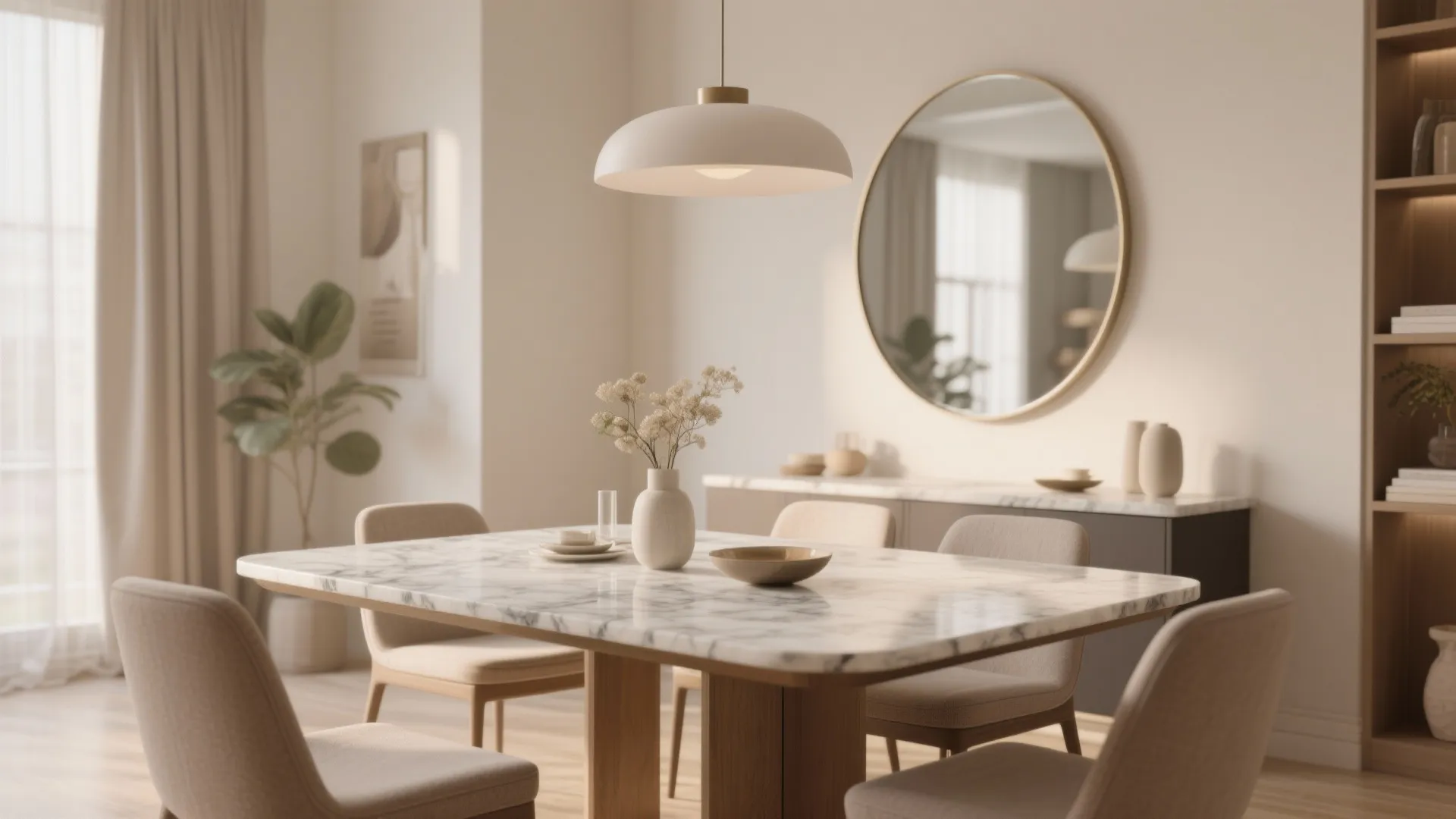 Minimalist dining room with marble table and a large round wall mirror over a cabinet