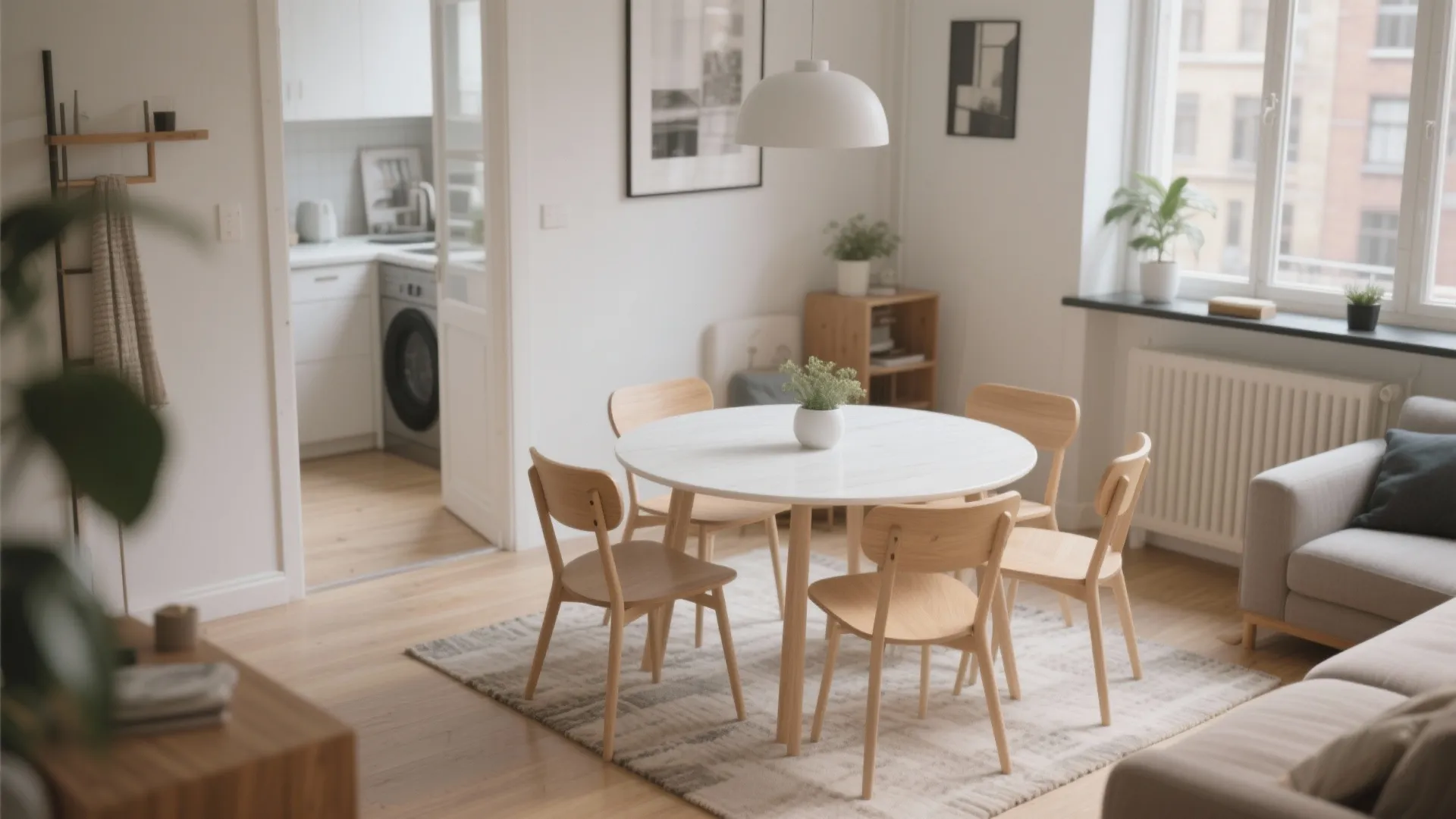 Small dining area with round white table wooden chairs rug and kitchen view in background