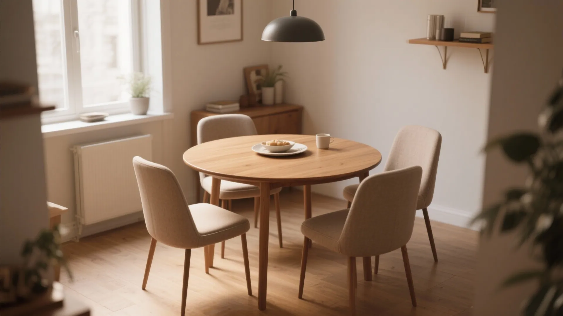 Round wooden dining table with four beige chairs, black ceiling light, and bright window in room