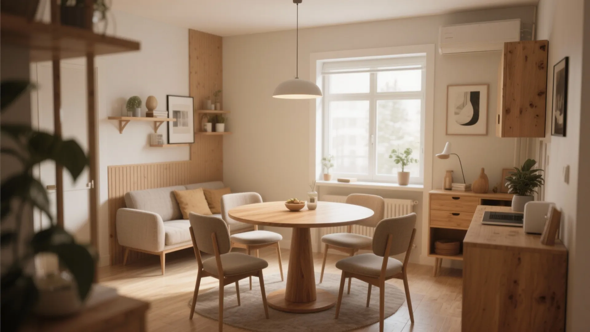 Small space dining area with round pedestal table