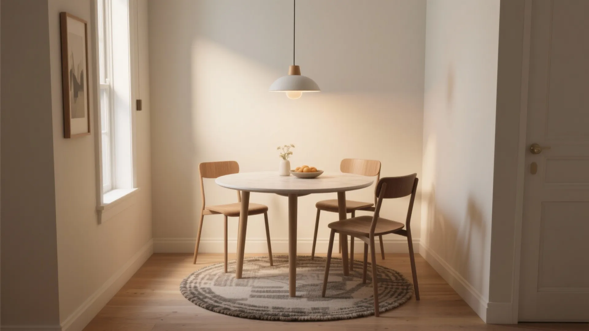 Round white dining table with wooden chairs, patterned rug, and a single white ceiling light