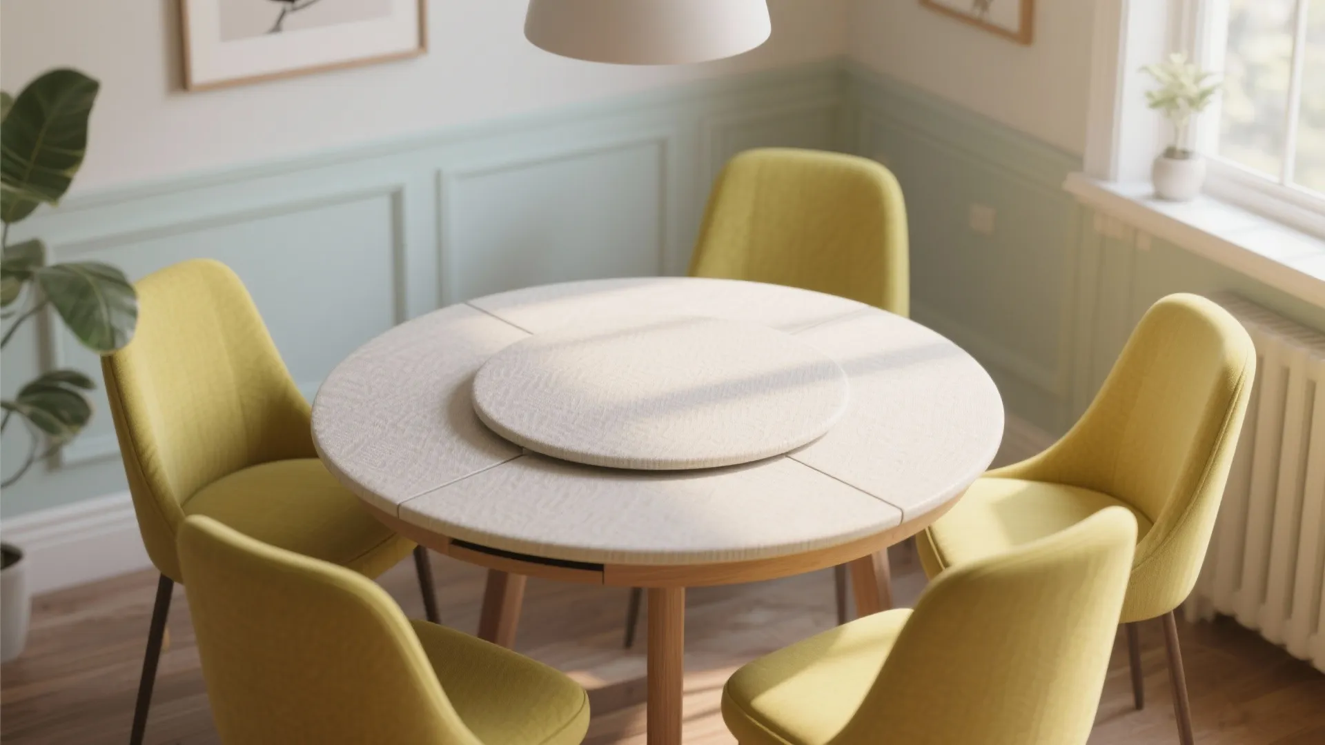 Round drop leaf table with bright upholstered chairs
