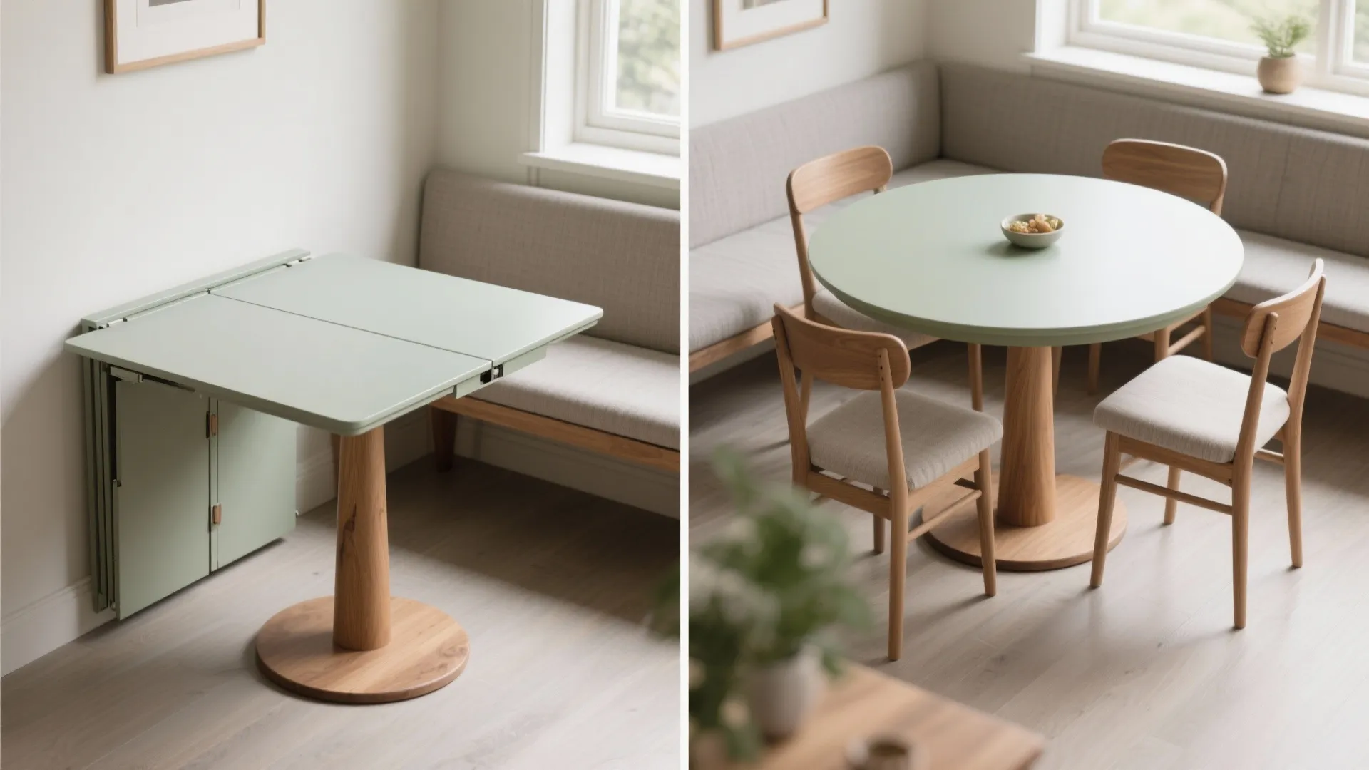 Side by side comparison of a square folding table and a round green wooden dining table