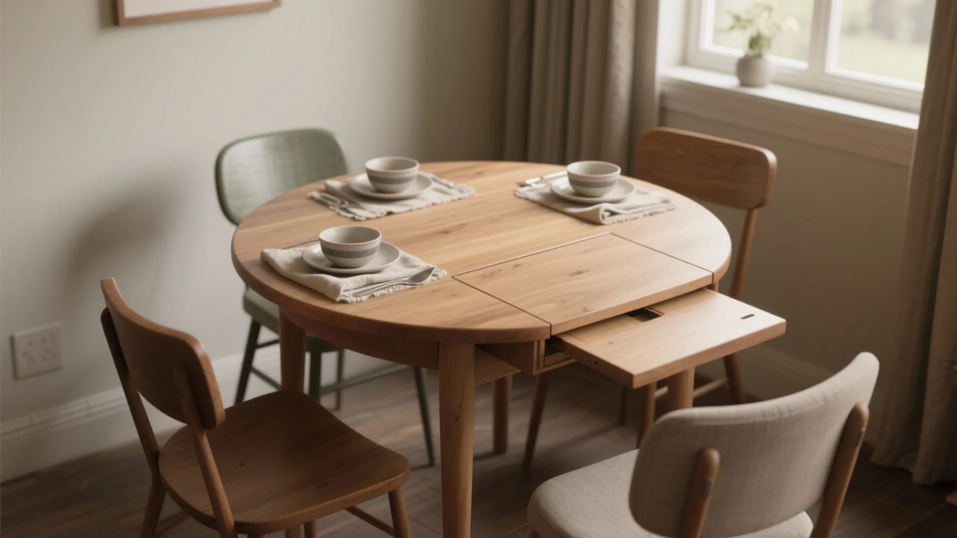 Round wooden dining table with extendable leaf feature surrounded by four simple modern wooden chairs