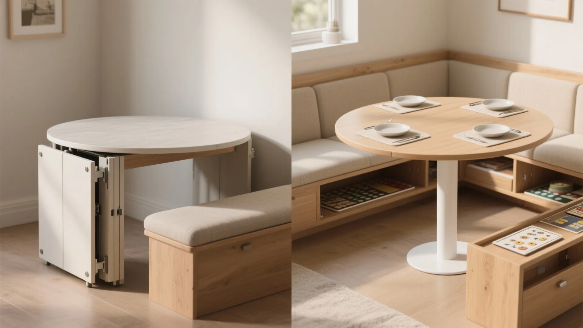 Before and after comparison of a folding dining table versus a fully opened dining area