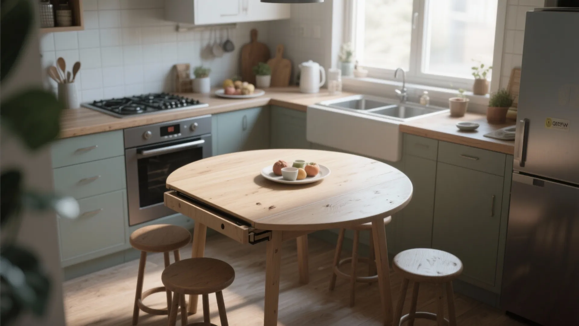 Round wooden dining table with four stools in a small green kitchen with bright sunlight
