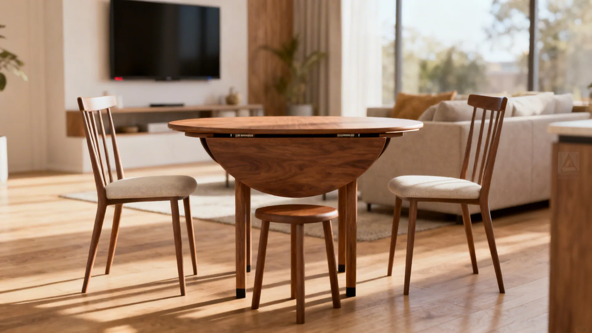 Round wooden dining table with two chairs and one stool in a modern bright space