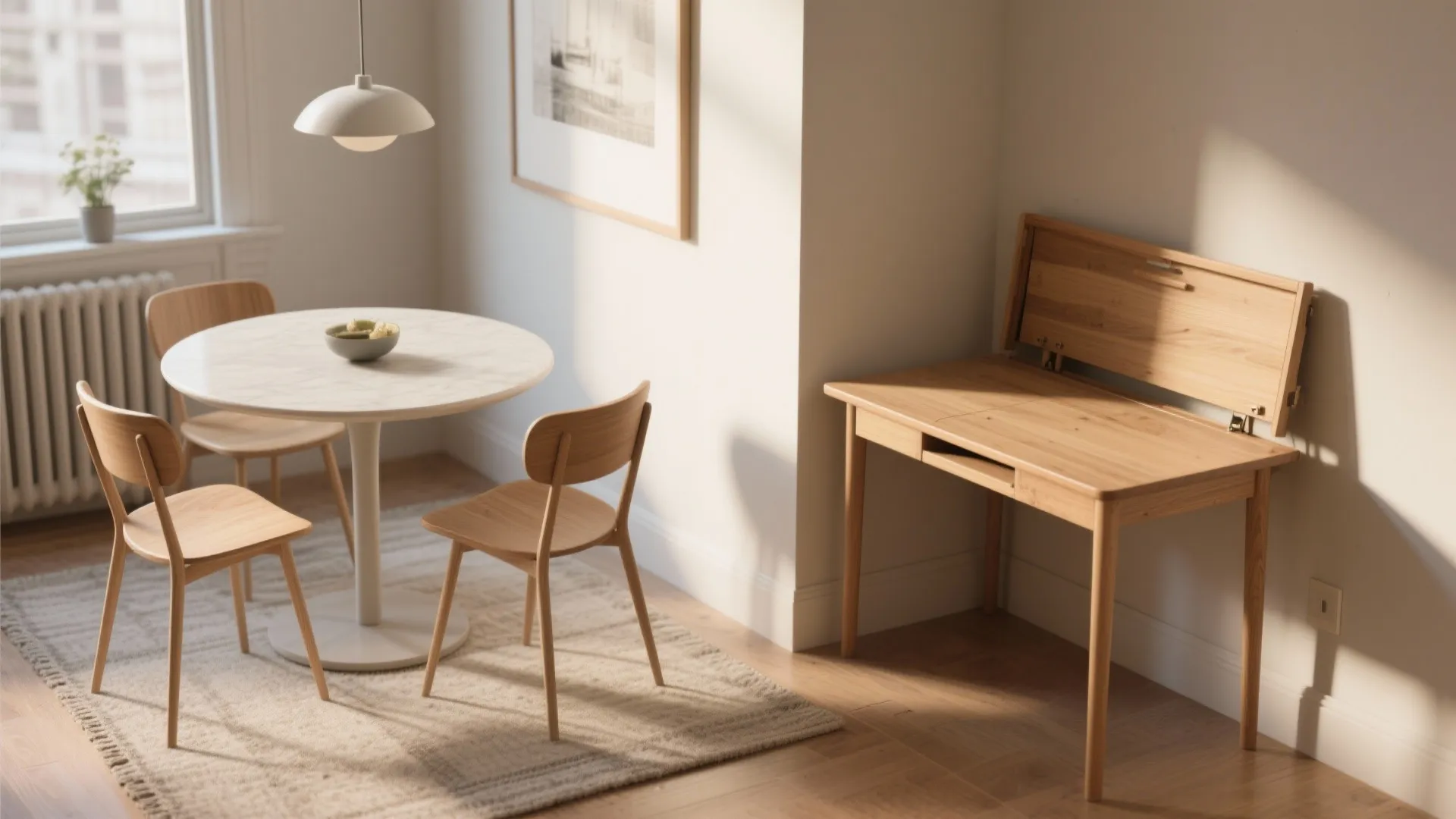 Minimalist dining area with round white table three wood chairs and a fold out desk