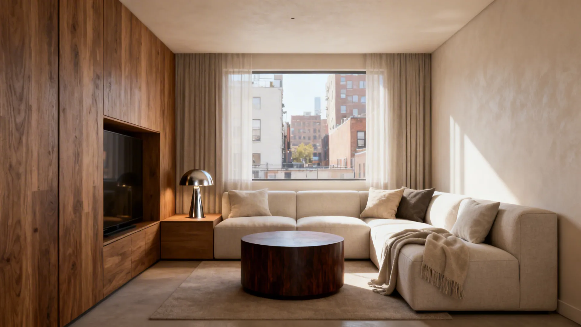 Modern living room with beige sofa, round wood coffee table, wall cabinet, and big window