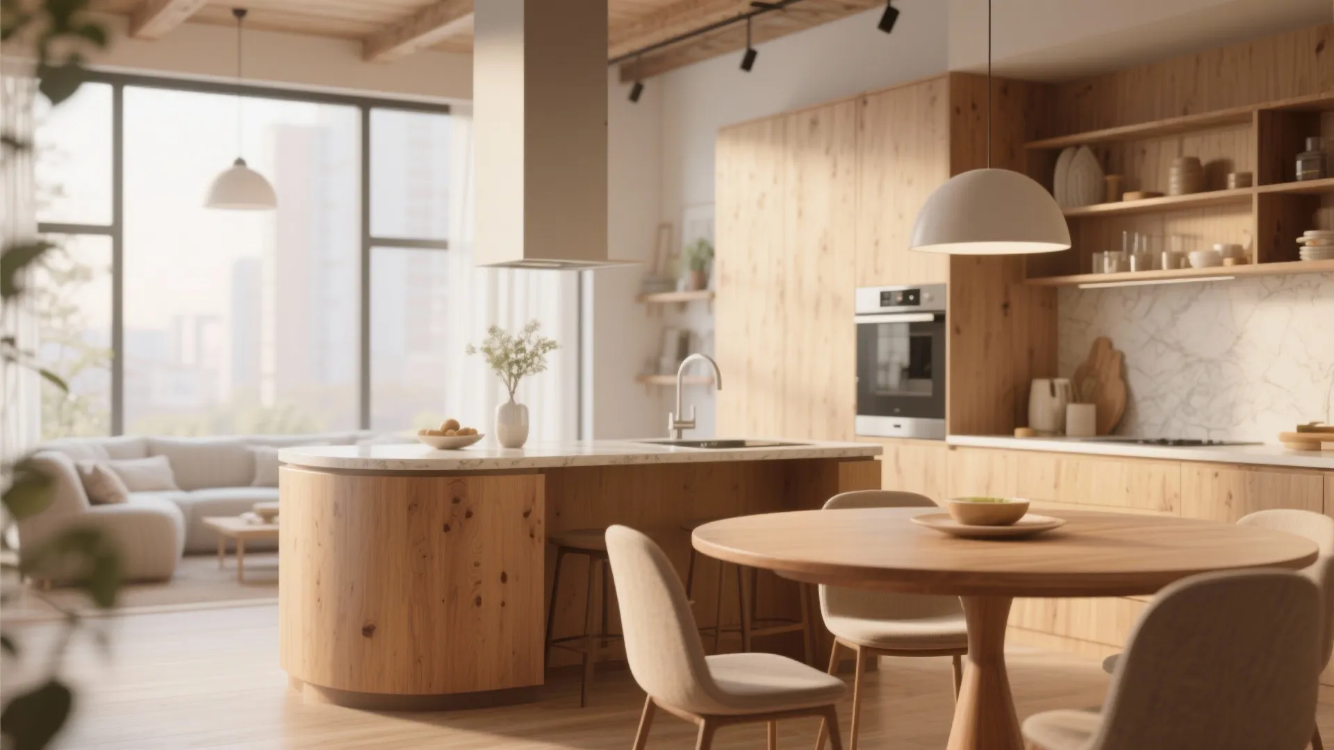 Modern wooden kitchen featuring curved island with marble countertop round dining table and white ceiling lights