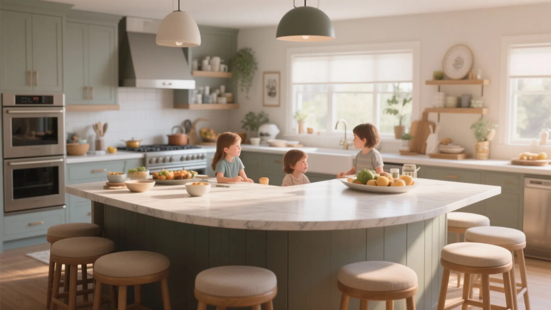 Round-ended kitchen island with seating area