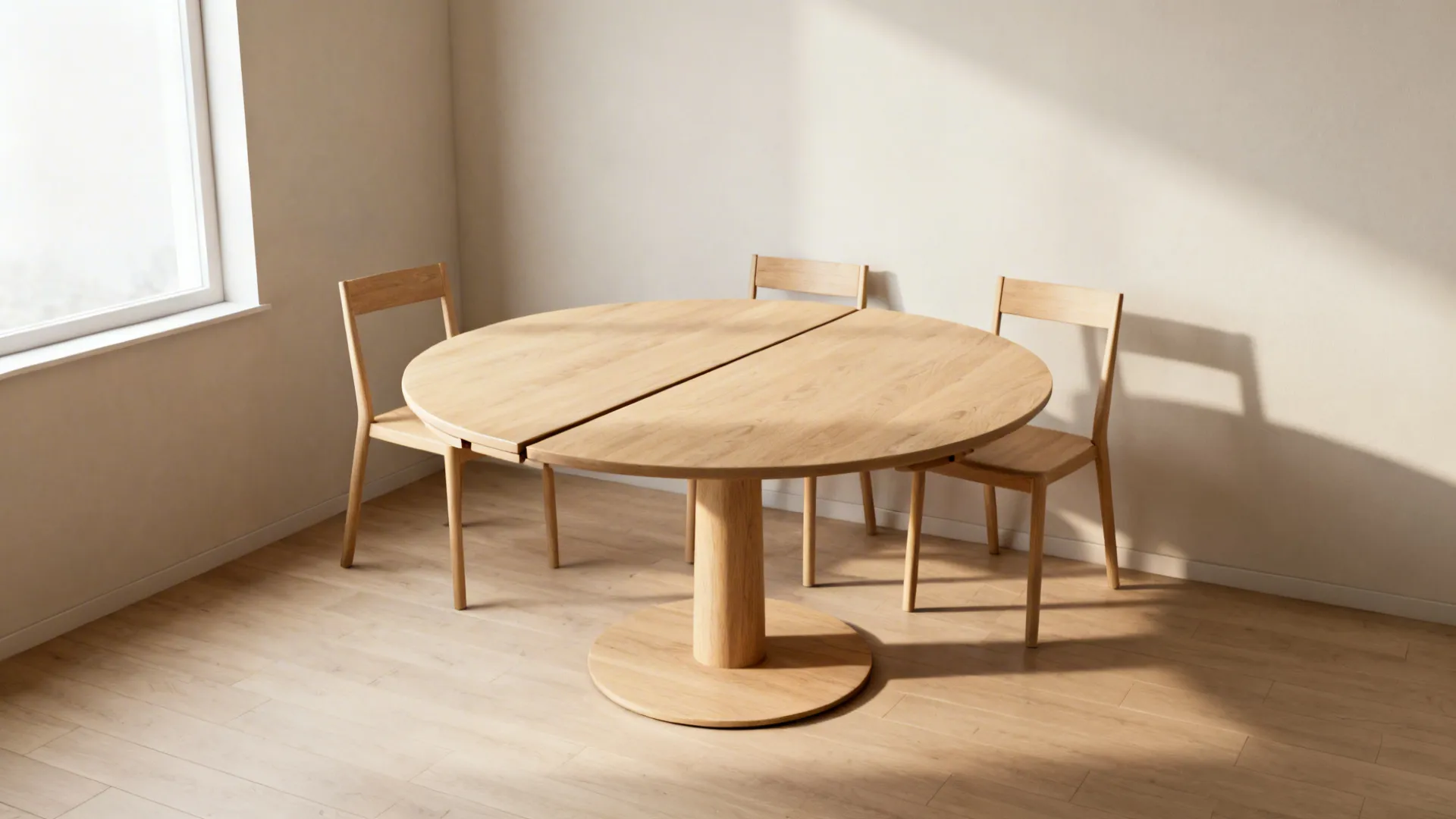 Modern round wooden dining table with three matching chairs in a bright minimalist dining room