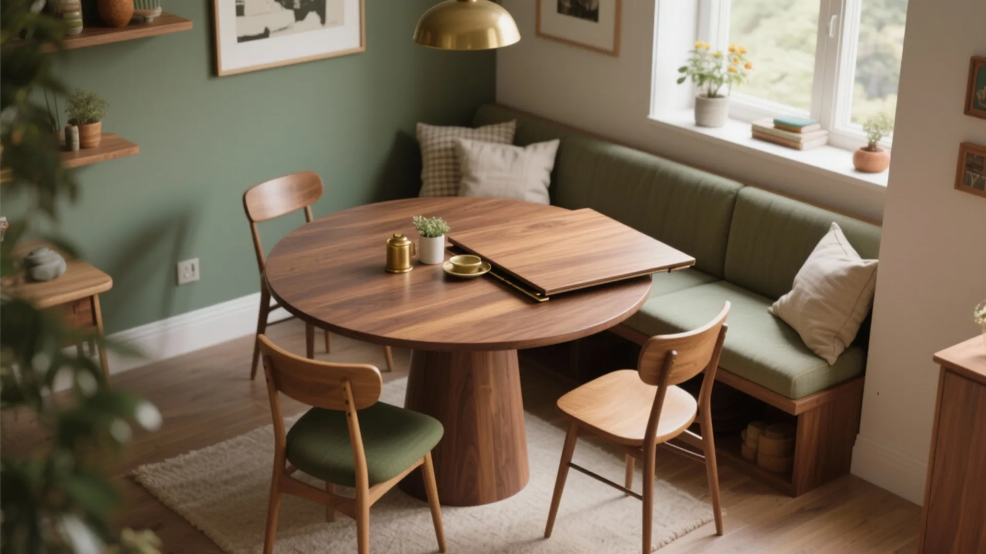Compact dining corner with a round expanding table partially extended, bench seating and mixed chairs for flow.