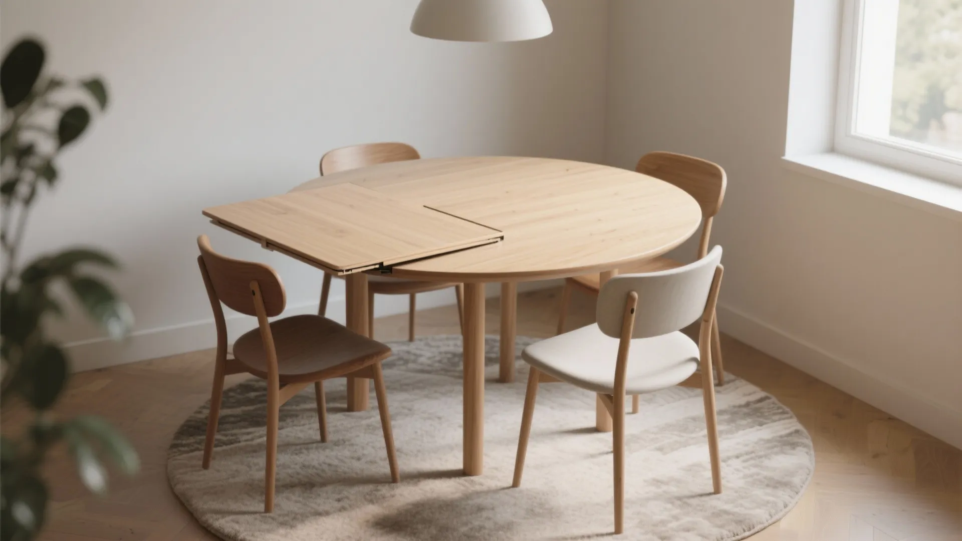 Modern round wooden dining table with an extendable leaf feature surrounded by four matching chairs