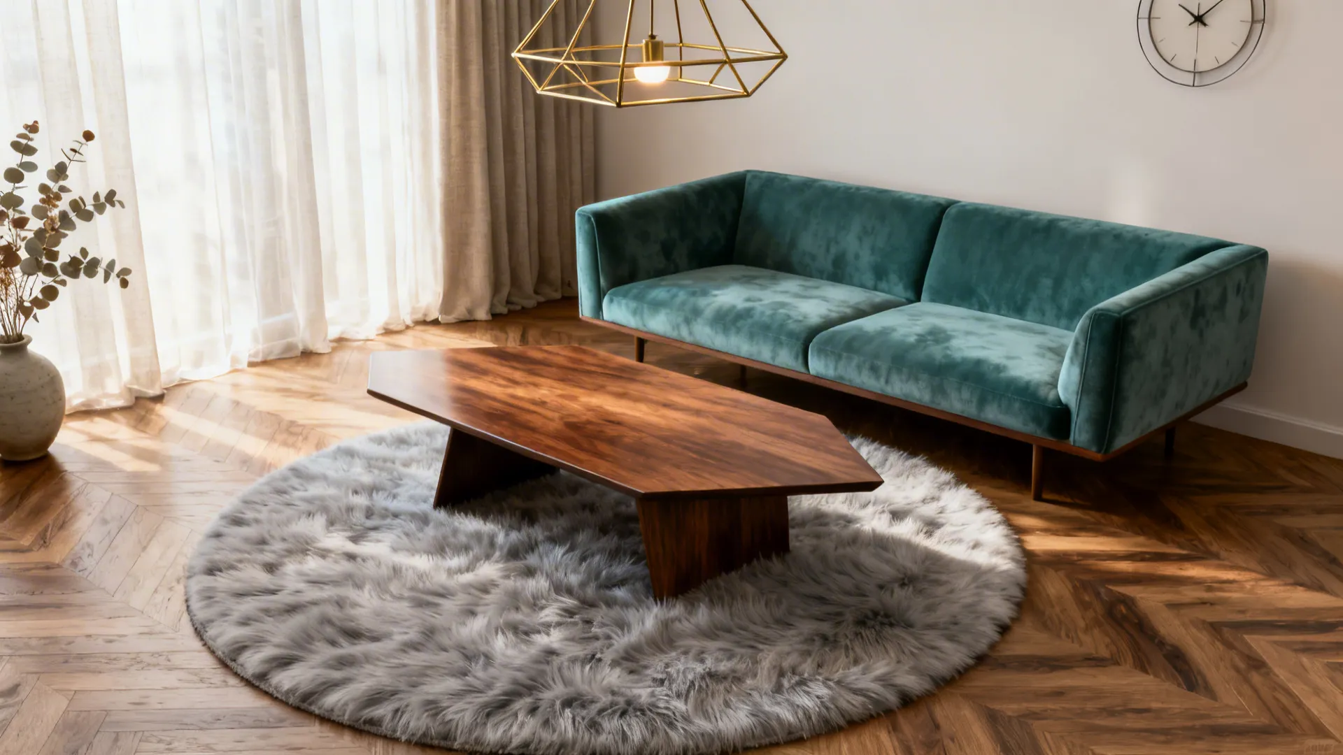 Angular furniture softened by a round pale gray faux fur rug in a bright living room.