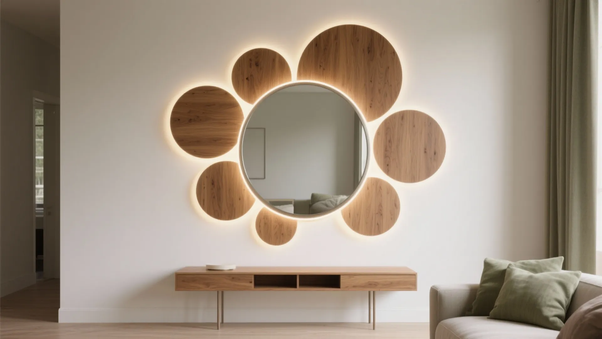 White wall with round mirror and circular wood wall panels above a simple wooden storage cabinet