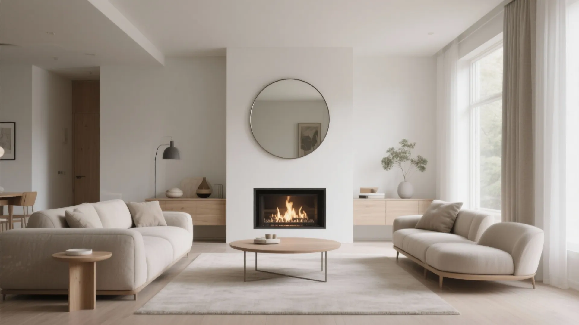 4. Round Statement Mirror Above the Fireplace