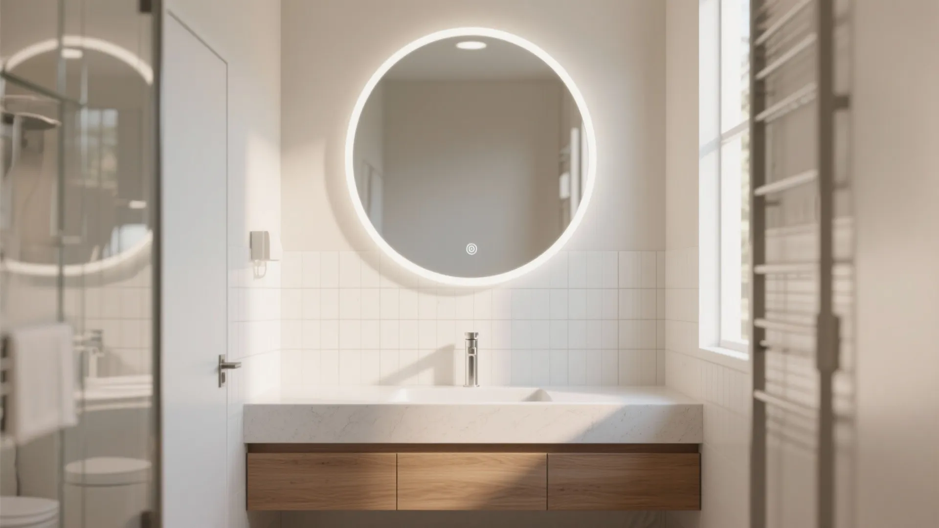 Oversized round mirror over a floating vanity