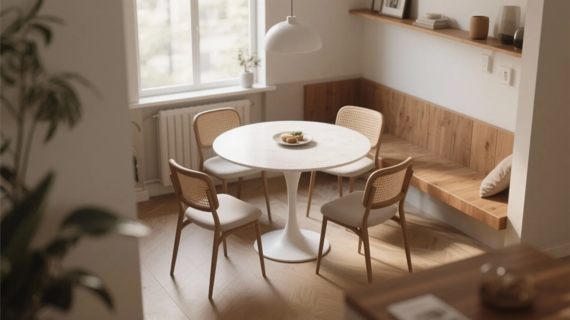 Compact studio dining nook with a round white pedestal table and chairs showing clear circulation space
