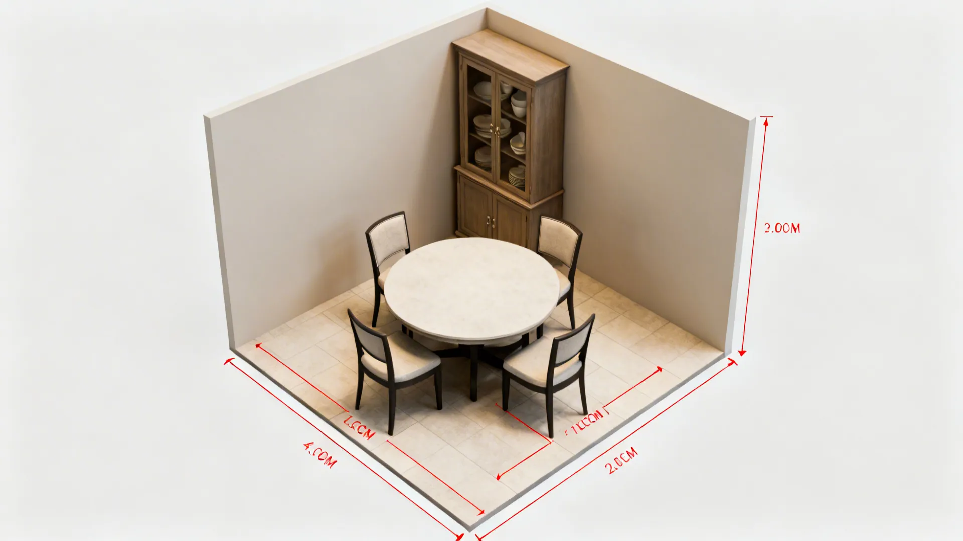 Top-down view showing round table clearances and sideboard cabinet door swing.