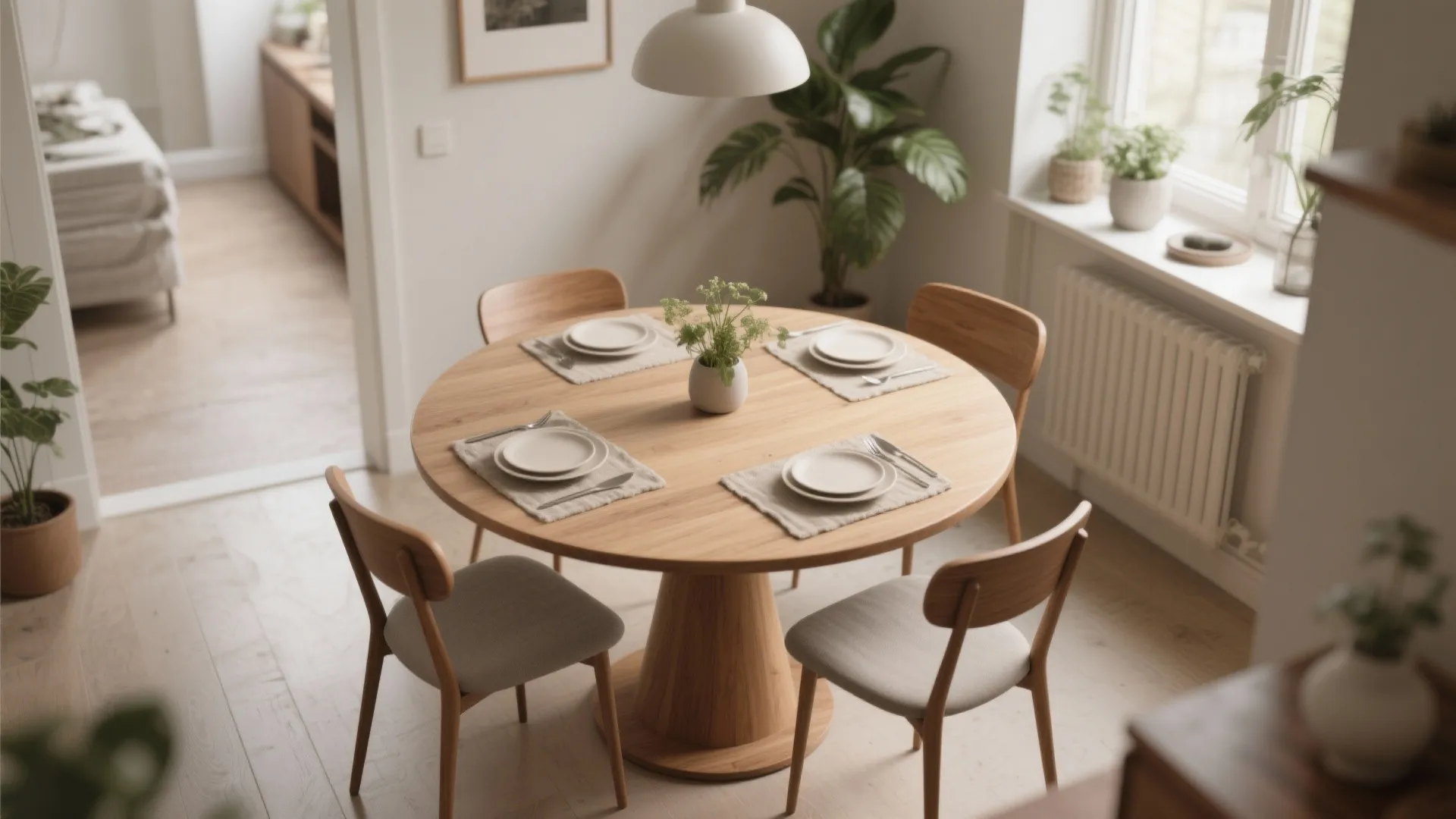 Round wooden dining table with four chairs set for a meal in a bright room
