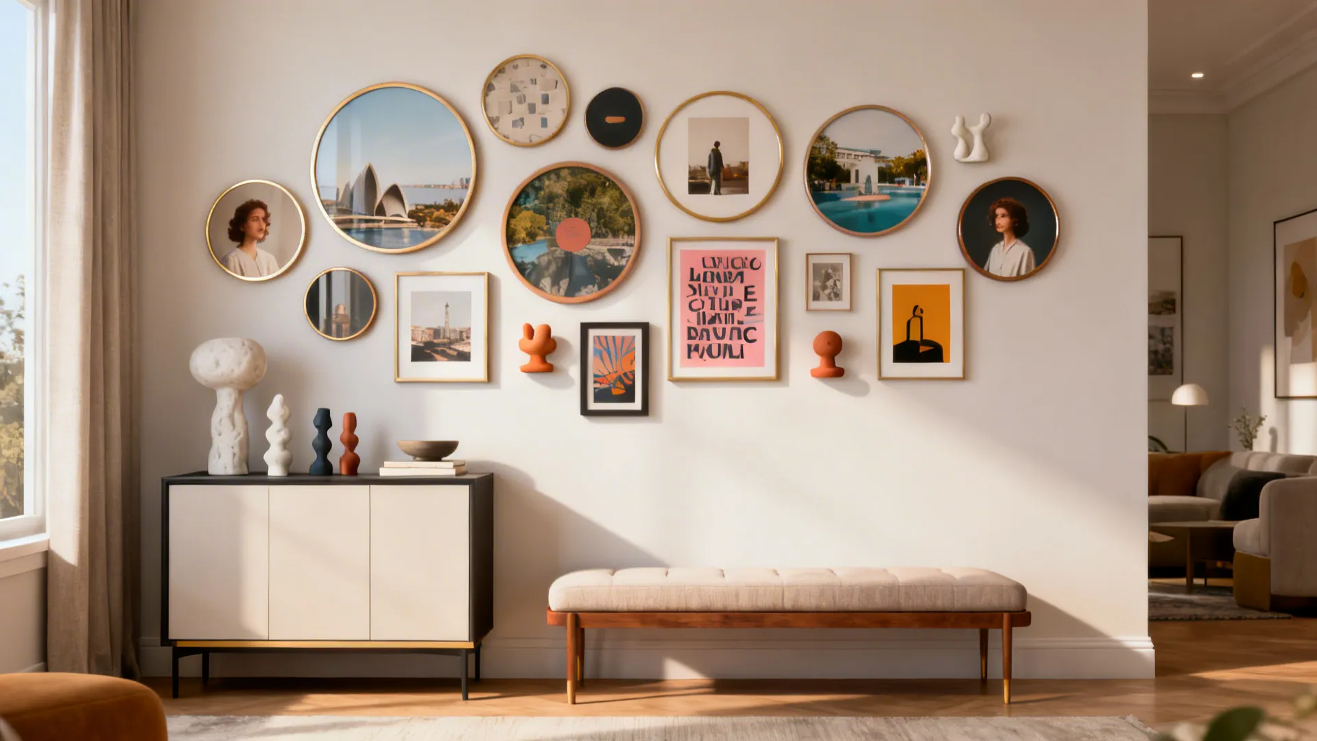 Living room wall with a gallery cluster of round frames in varied sizes above a console