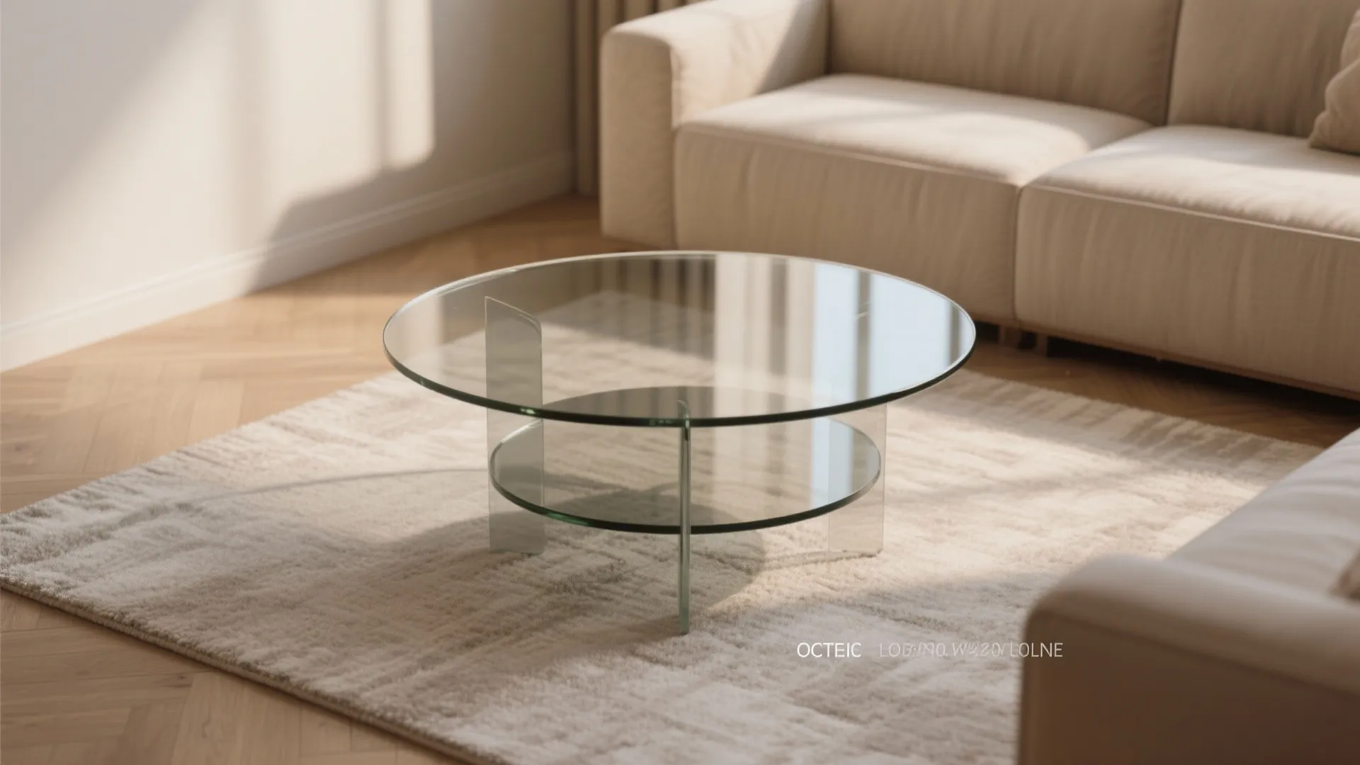 Minimalist round glass coffee table on a soft rug in front of a beige sofa