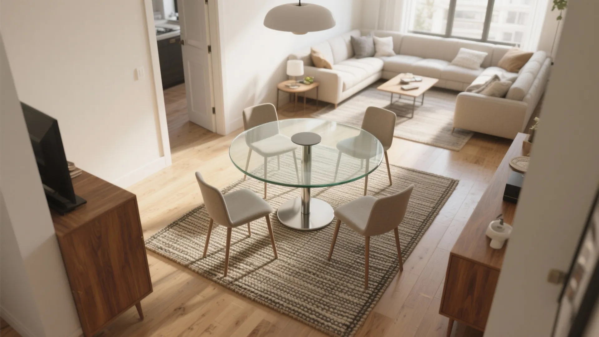 Modern open plan living room with round glass table four chairs and large beige sofa