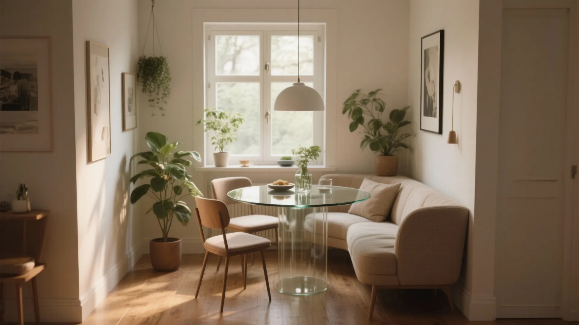 Modern dining area with round glass table beige sofa wooden floor green plants and natural light