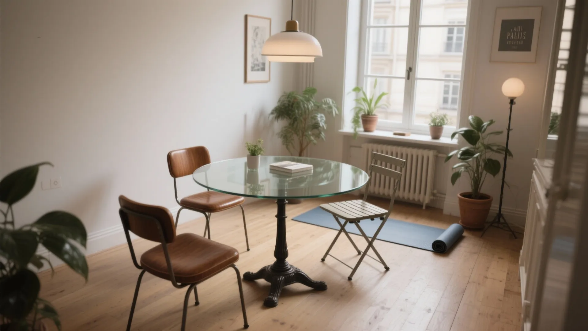 Cozy dining room with glass round table wooden chairs white pendant light and green potted plants